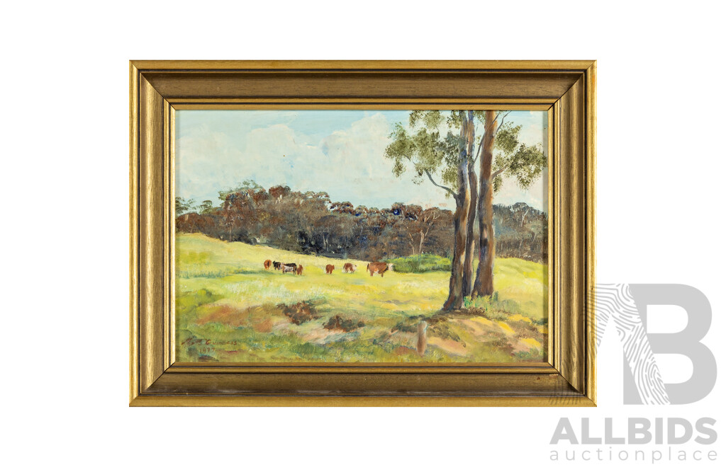 M.M. Guinness (20th Century), Cows Grazing (1977) Original Vintage Oil on Masonite, 27H x 35W cm (frame)
