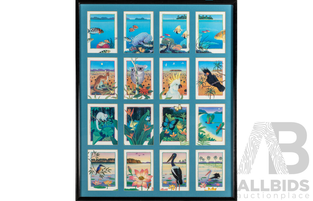 JoAnne Hook (20th Century, Australian, 1952-), Reef, Outback, Rainforest & Wilderness Panorama Panels (1991), Reproduction Colour Prints After Originals, 75H x 60W cm (frame)