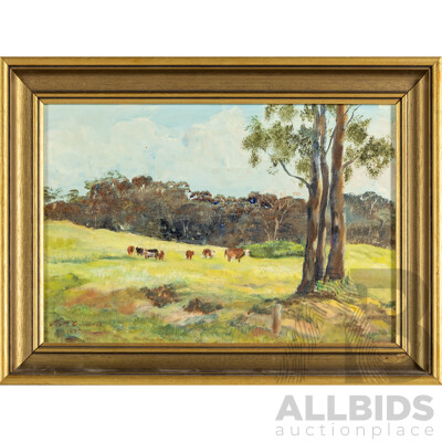 M.M. Guinness (20th Century), Cows Grazing (1977) Original Vintage Oil on Masonite, 27H x 35W cm (frame)