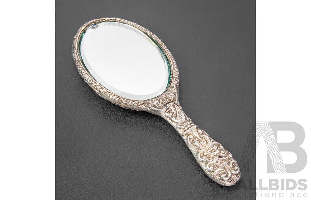 Vintage Sterling Silver Handheld Vanity Mirror - 437gms