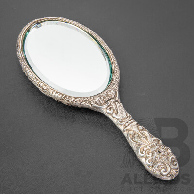 Vintage Sterling Silver Handheld Vanity Mirror - 437gms