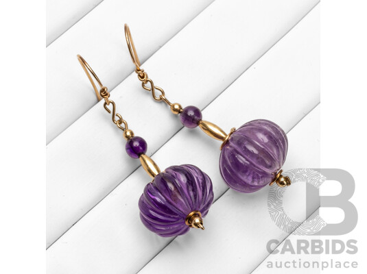 Vintage Handmade 9ct Yellow Gold & Amethyst Earrings