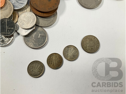 Collection of Vintage International Coins Including Australian Silver Sixpence, Three Threepence, USA, Indonesia, New Caladonia, Canada, France, Italy, Hong Kong, Singapore
