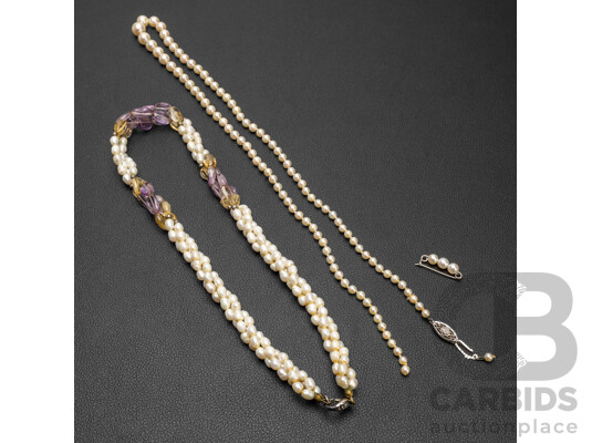 Vintage Collection of Pearl, Amethyst & Citrine Necklace, Pearl Necklace & Brooch. Length - 39.5cms