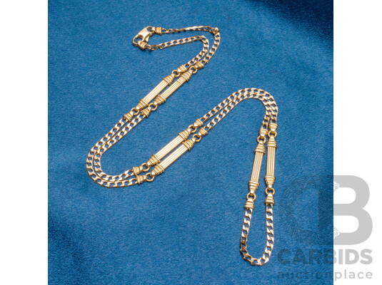 9ct Yellow Gold Square Curb & Fancy Bar Link Necklace. Length - 62cms