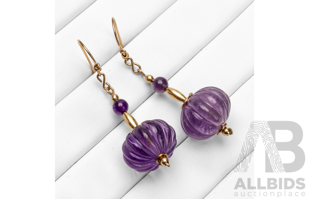 Vintage Handmade 9ct Yellow Gold & Amethyst Earrings