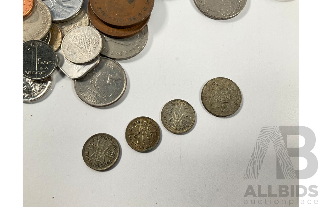 Collection of Vintage International Coins Including Australian Silver Sixpence, Three Threepence, USA, Indonesia, New Caladonia, Canada, France, Italy, Hong Kong, Singapore