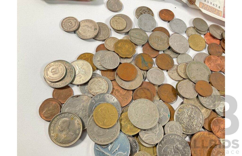 Collection of Vintage International Coins Including Australian Silver Sixpence, Three Threepence, USA, Indonesia, New Caladonia, Canada, France, Italy, Hong Kong, Singapore