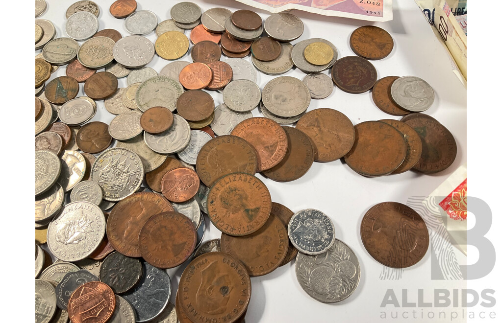 Collection of Vintage International Coins Including Australian Silver Sixpence, Three Threepence, USA, Indonesia, New Caladonia, Canada, France, Italy, Hong Kong, Singapore