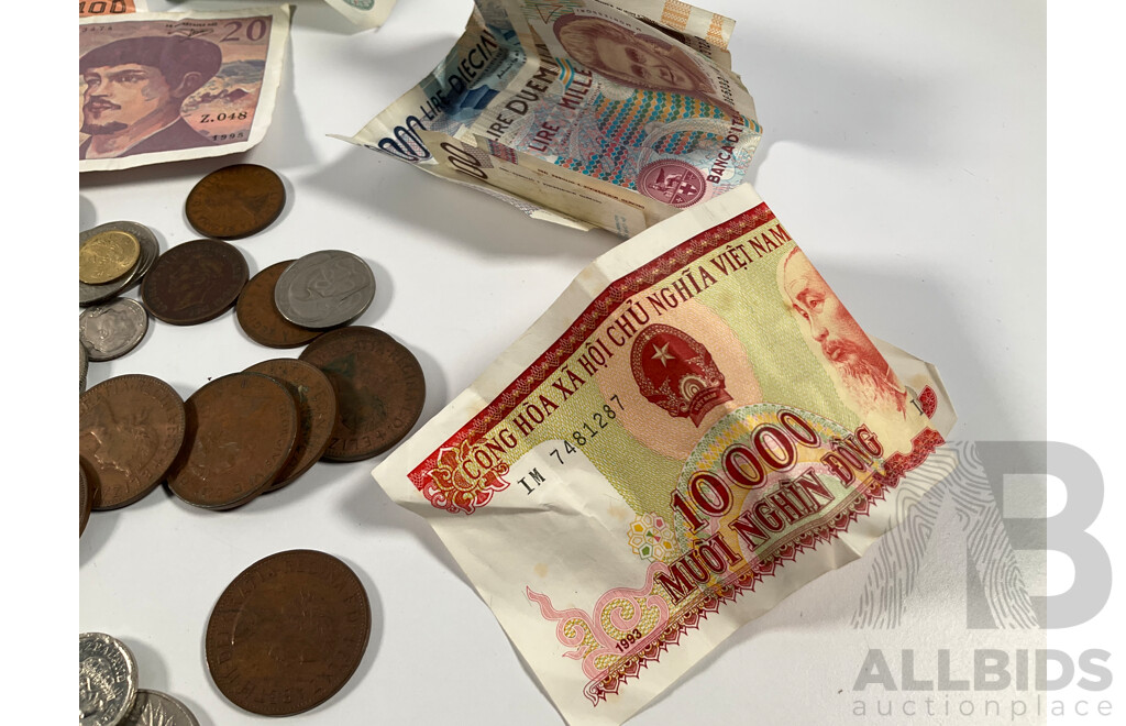 Collection of Vintage International Coins Including Australian Silver Sixpence, Three Threepence, USA, Indonesia, New Caladonia, Canada, France, Italy, Hong Kong, Singapore
