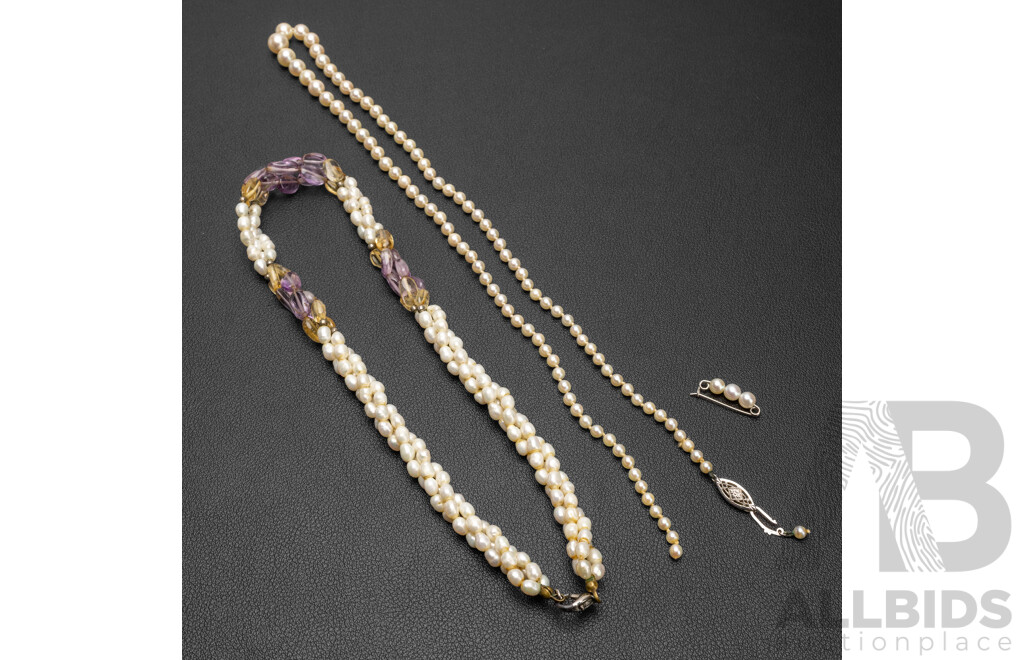 Vintage Collection of Pearl, Amethyst & Citrine Necklace, Pearl Necklace & Brooch. Length - 39.5cms