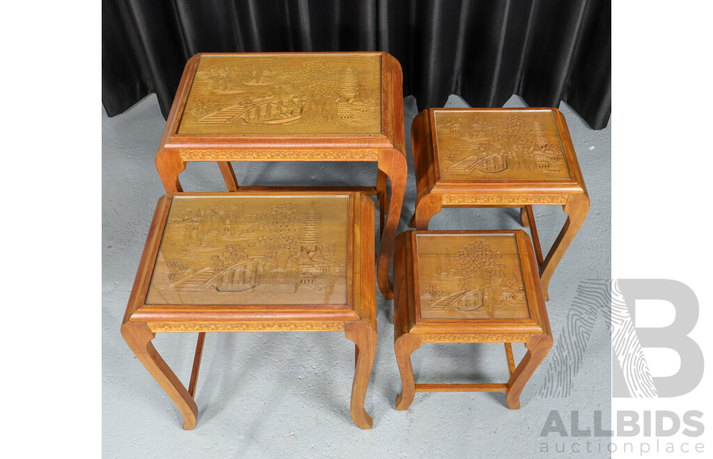 Nest of Four Carved Chinese Hardwood Side Tables