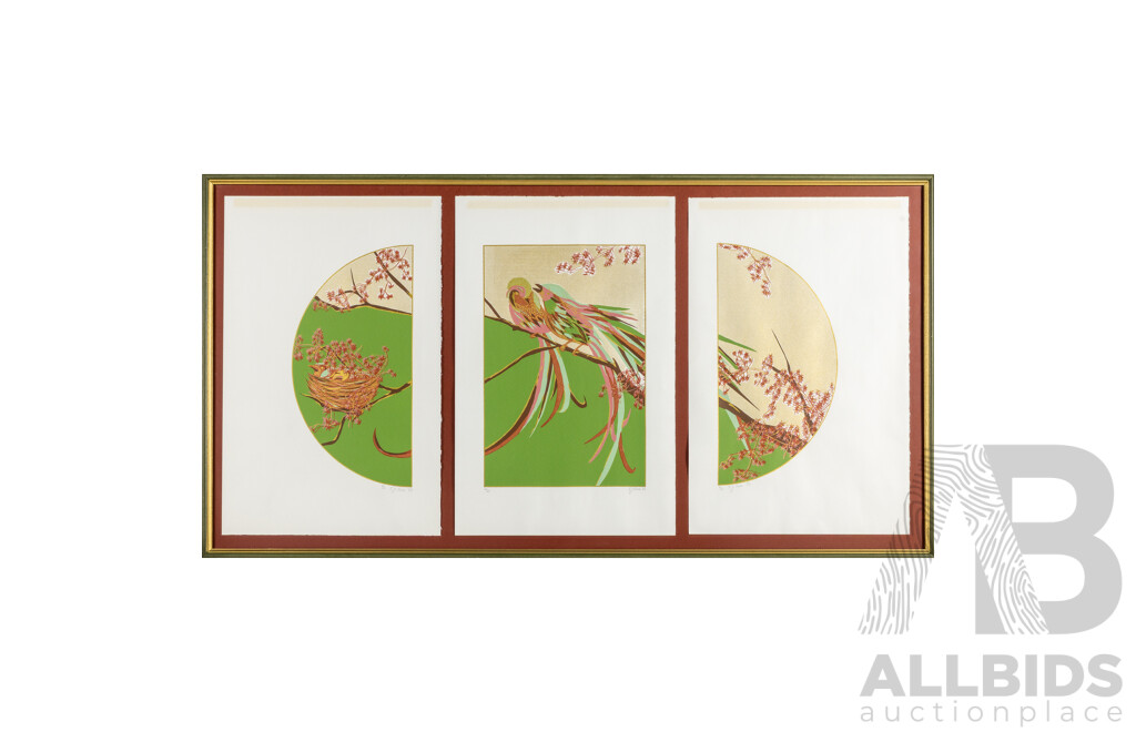 Elizabeth Lane, (20th Century, Australian, Active c1980s), Bird Fantasy (1983), Original Trio of Signed & Editioned Screenprints, 58H x 110W cm (frame)
