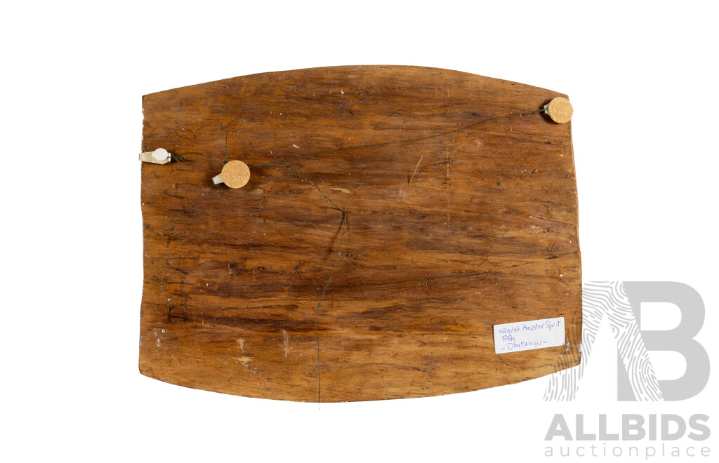 Paddy Dhatangu (20th Century, Indigenous-Australian, c1914-1993), Wagilak Ancestor Spirit Fish, Natural Pigments on Eucalyptus Bark Panel, 41H x 52W cm