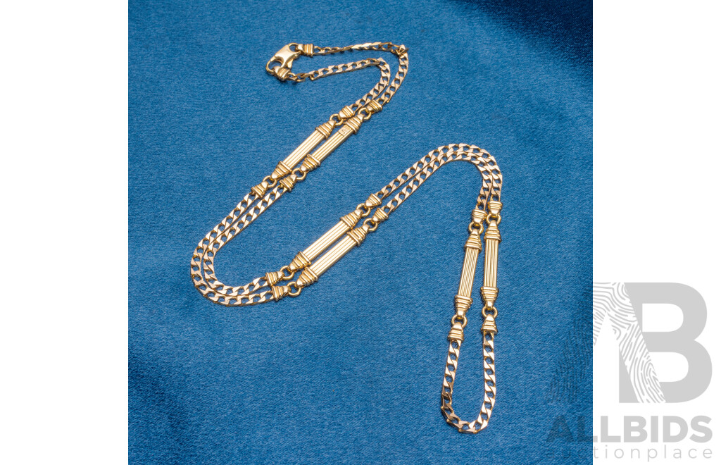 9ct Yellow Gold Square Curb & Fancy Bar Link Necklace. Length - 62cms