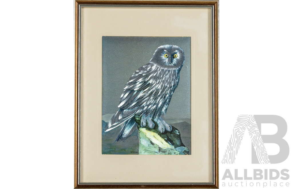 PJ Smith (20th Century, British, c1970s), Owl (1977), Original Metal Etching, 33H x 25W cm (frame)
