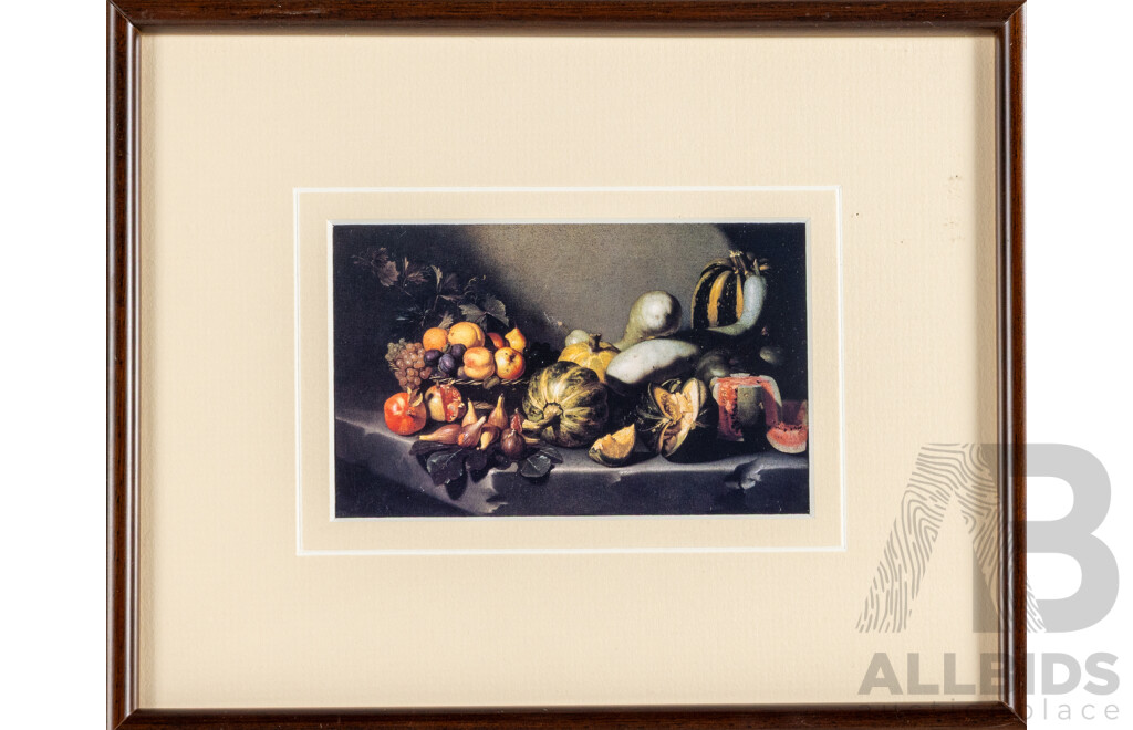 Michelangelo Merisi Da Caravaggio (Italian, c1603), Still Life with Fruit on Stone Ledge, Reproduction Miniature Print After Original Oil on Canvas, 22H x 27W cm (frame)