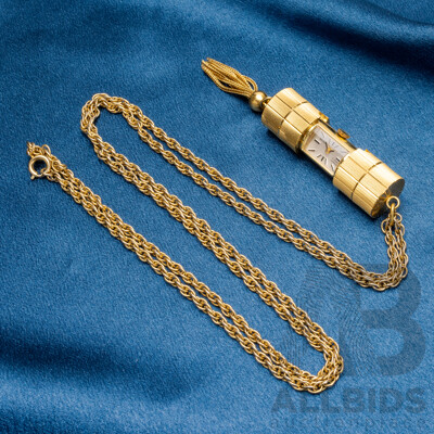 Vintage Gold Plated Metal Retax 17 Jewel Incabloc Manual Wind Cylindrical Necklace Watch