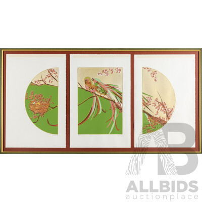 Elizabeth Lane, (20th Century, Australian, Active c1980s), Bird Fantasy (1983), Original Trio of Signed & Editioned Screenprints, 58H x 110W cm (frame)