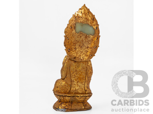 Vintage Gilt Seated Guanyin Statue with Green Stone Face and Mandorla
