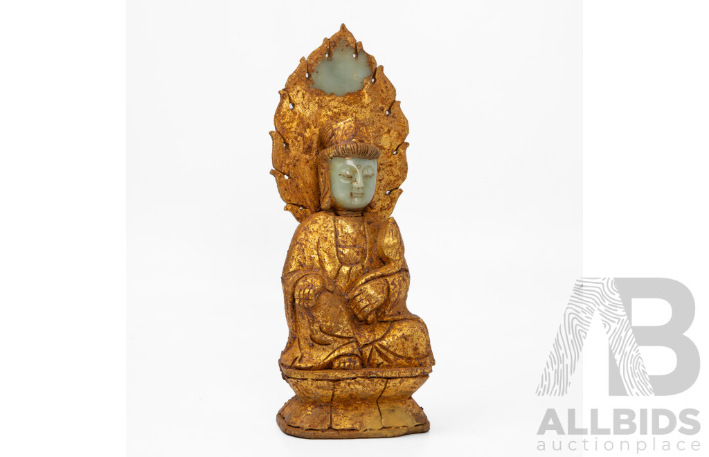 Vintage Gilt Seated Guanyin Statue with Green Stone Face and Mandorla