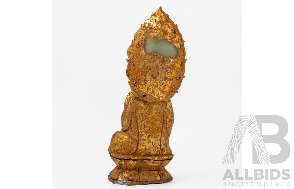 Vintage Gilt Seated Guanyin Statue with Green Stone Face and Mandorla