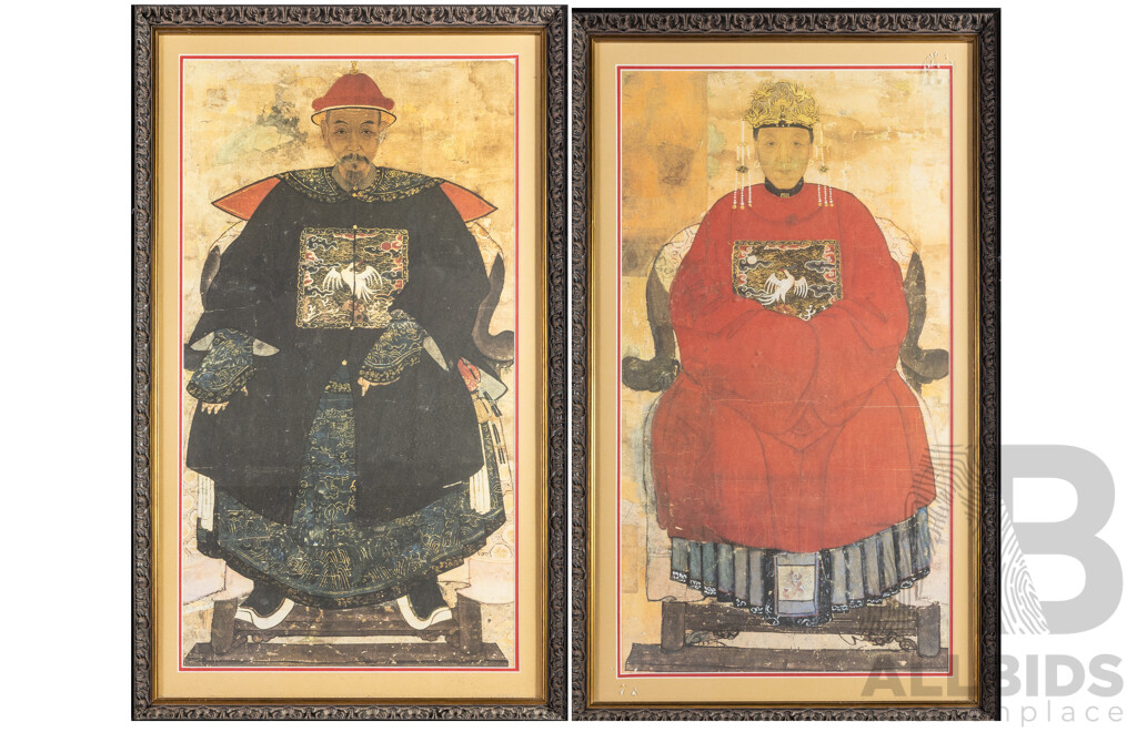 Artists Unknown (20th Century), Anonymous Portraits of Civil Official of the Qing Dynasty Imperial Court Husband, Alongside His Wife, Reproduction Colour Prints After Originals, 81H x 49W cm (frames) (2)