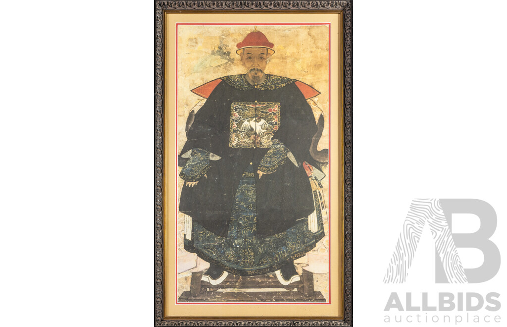 Artists Unknown (20th Century), Anonymous Portraits of Civil Official of the Qing Dynasty Imperial Court Husband, Alongside His Wife, Reproduction Colour Prints After Originals, 81H x 49W cm (frames) (2)