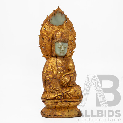 Vintage Gilt Seated Guanyin Statue with Green Stone Face and Mandorla