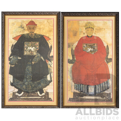 Artists Unknown (20th Century), Anonymous Portraits of Civil Official of the Qing Dynasty Imperial Court Husband, Alongside His Wife, Reproduction Colour Prints After Originals, 81H x 49W cm (frames) (2)