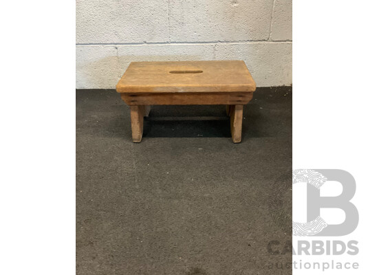 Outdoor Folding Butler's Tray, Rustic Wooden Footstool & Pair of Vintage Metal Barstools - Lot of 4