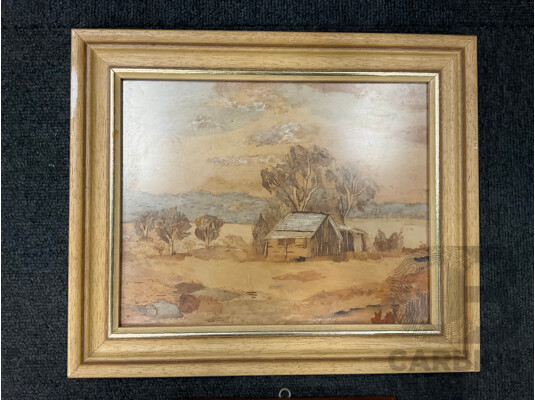 Artist Unknown - K.Shepherd, ''The Settlers Hut'' - Paperbark Collage 31x26 Cm (frame) & ''Scenery'' - Paperbark Collage 18x18 Cm (frame)