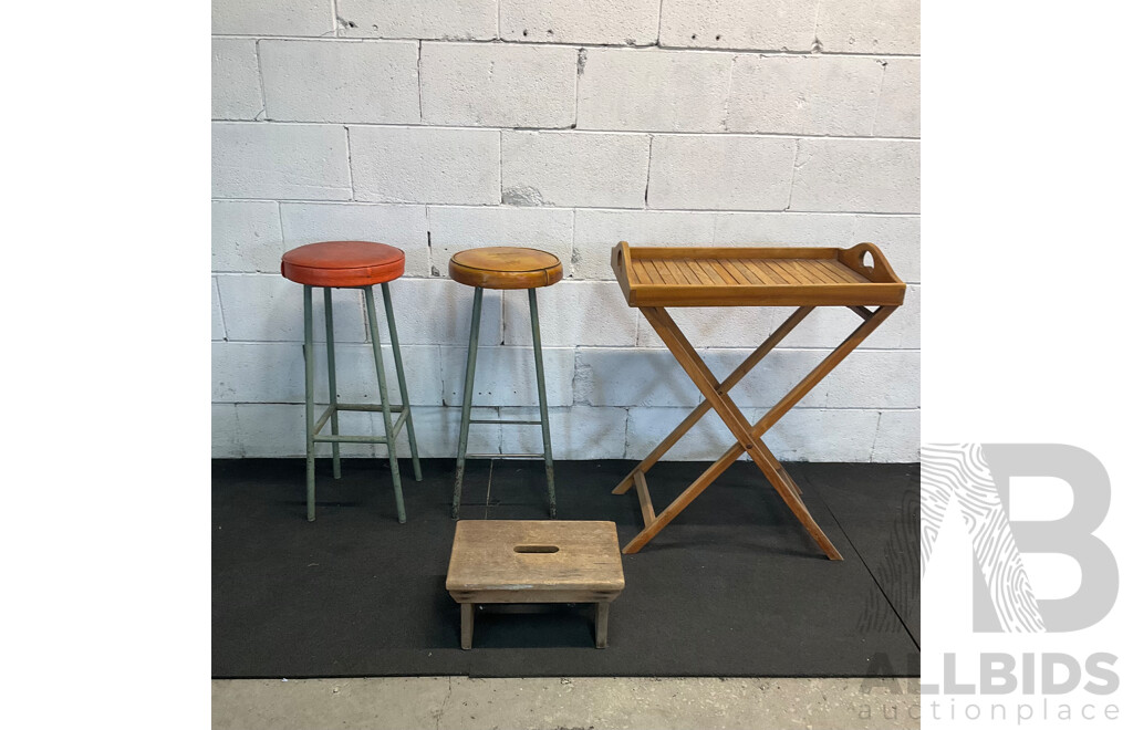 Outdoor Folding Butler's Tray, Rustic Wooden Footstool & Pair of Vintage Metal Barstools - Lot of 4