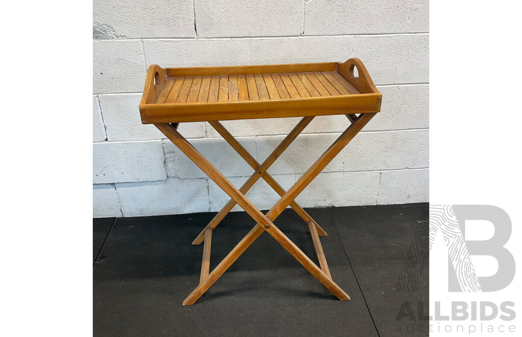 Outdoor Folding Butler's Tray, Rustic Wooden Footstool & Pair of Vintage Metal Barstools - Lot of 4