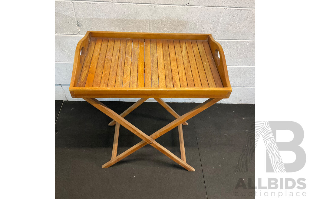 Outdoor Folding Butler's Tray, Rustic Wooden Footstool & Pair of Vintage Metal Barstools - Lot of 4