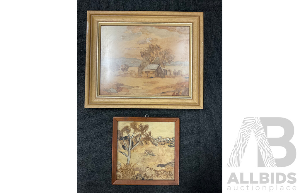 Artist Unknown - K.Shepherd, ''The Settlers Hut'' - Paperbark Collage 31x26 Cm (frame) & ''Scenery'' - Paperbark Collage 18x18 Cm (frame)