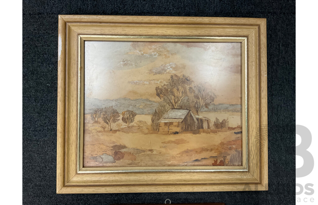 Artist Unknown - K.Shepherd, ''The Settlers Hut'' - Paperbark Collage 31x26 Cm (frame) & ''Scenery'' - Paperbark Collage 18x18 Cm (frame)