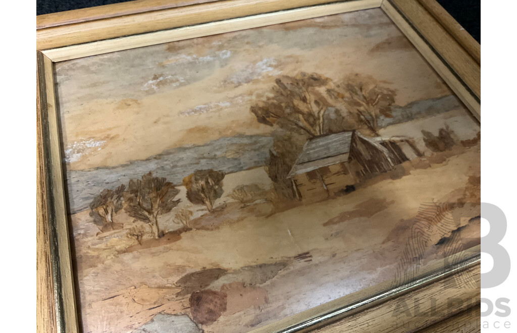 Artist Unknown - K.Shepherd, ''The Settlers Hut'' - Paperbark Collage 31x26 Cm (frame) & ''Scenery'' - Paperbark Collage 18x18 Cm (frame)