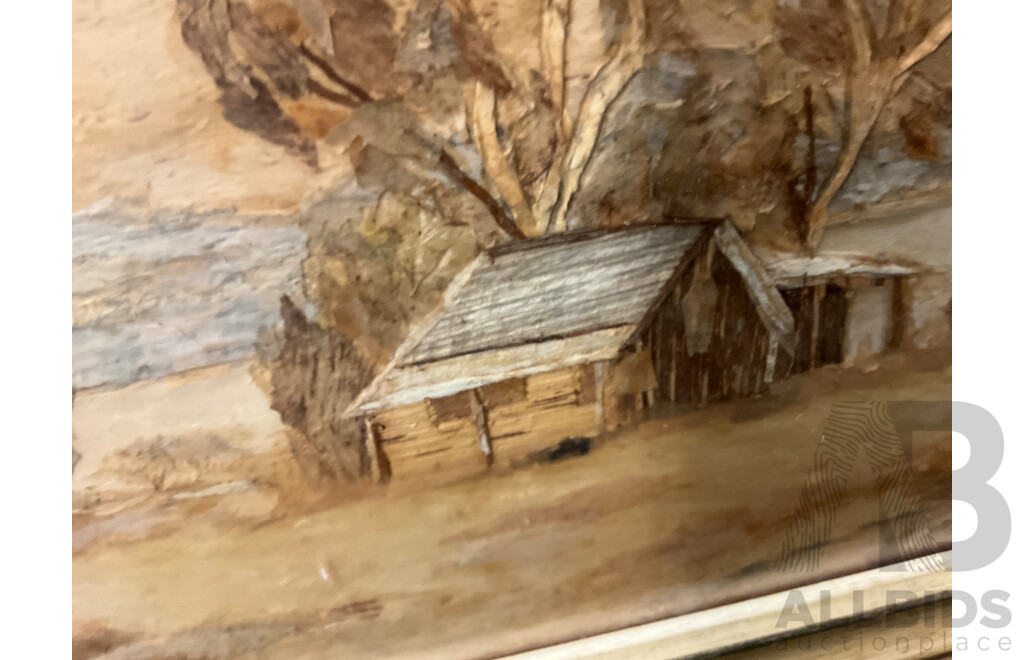 Artist Unknown - K.Shepherd, ''The Settlers Hut'' - Paperbark Collage 31x26 Cm (frame) & ''Scenery'' - Paperbark Collage 18x18 Cm (frame)