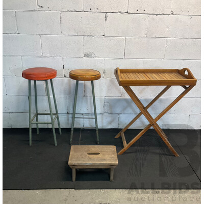 Outdoor Folding Butler's Tray, Rustic Wooden Footstool & Pair of Vintage Metal Barstools - Lot of 4