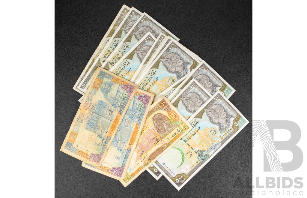 Collection of Syrian 1998 Banknotes Including Thirteen Five Hundred Pounds, Consecutive Pair and Triple, Two One Hundred Pounds, Fifty Pounds