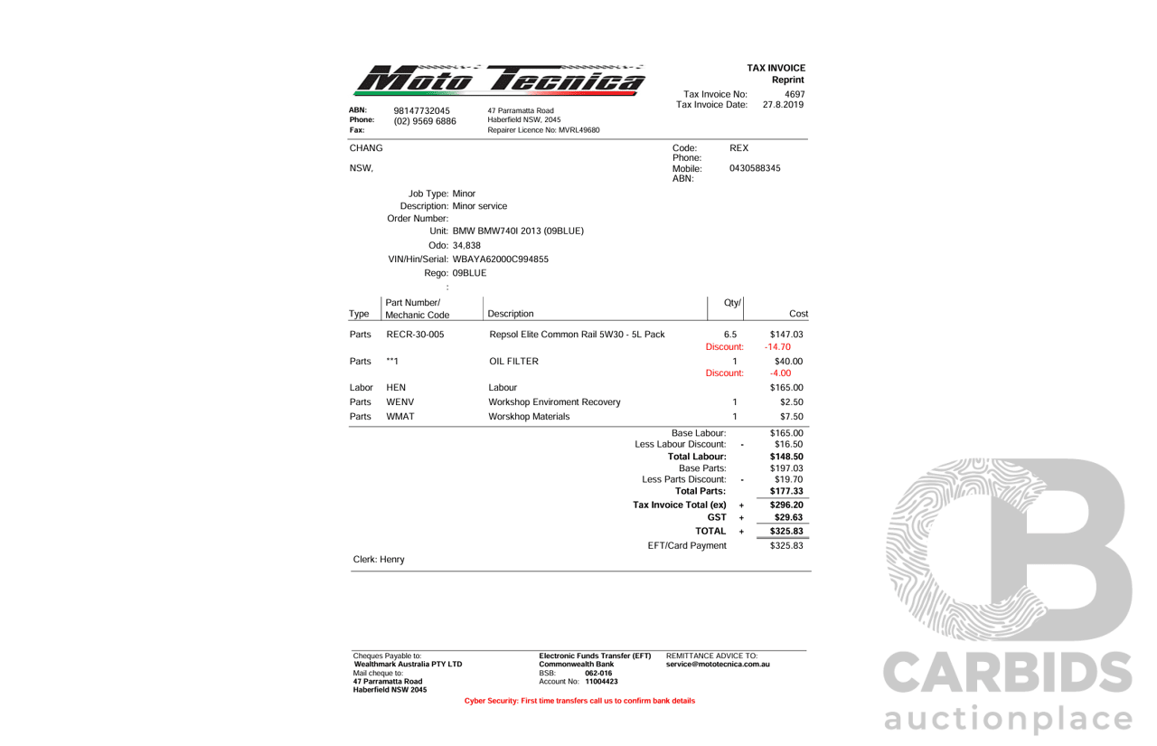 09/2013 BMW 740i F01 MY14 4d Sedan Mineral White Metallic Turbo 3.0L