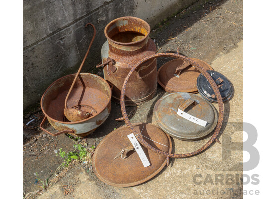 Collection of Cast Iron Including Bucket, Lids, Colander, Ladle and Ring with Spikes