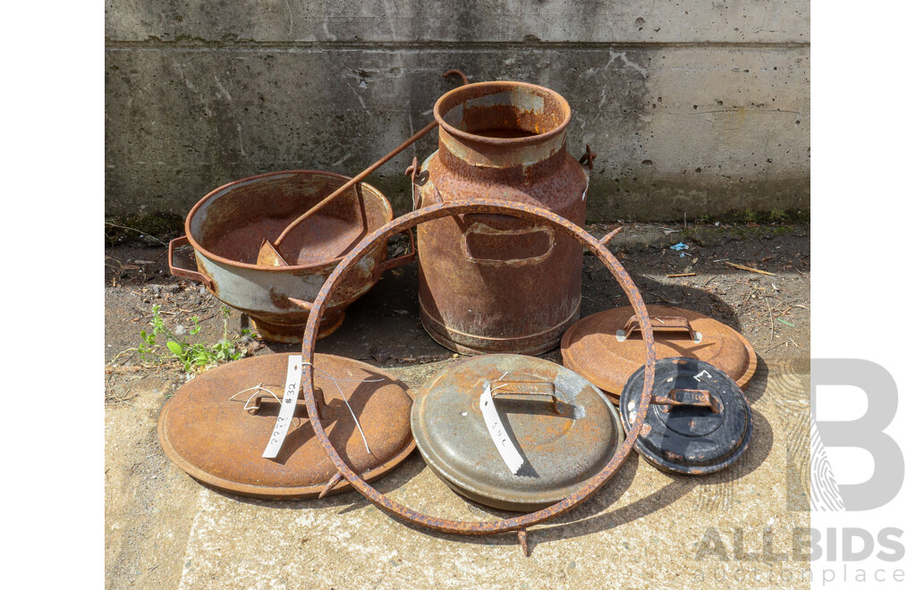 Collection of Cast Iron Including Bucket, Lids, Colander, Ladle and Ring with Spikes
