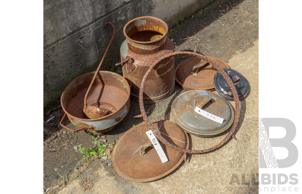 Collection of Cast Iron Including Bucket, Lids, Colander, Ladle and Ring with Spikes