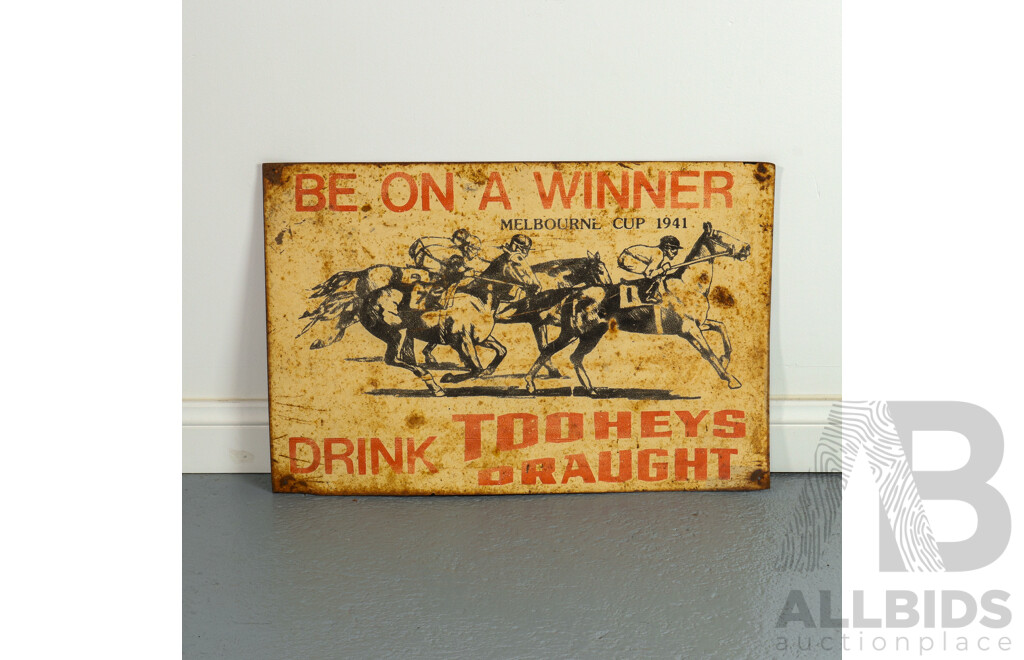 Vintage Metal Toohey's Draught Advertisement Sign Featuring the 1941 Melbourne Cup