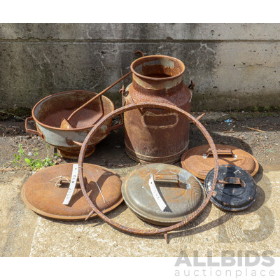 Collection of Cast Iron Including Bucket, Lids, Colander, Ladle and Ring with Spikes