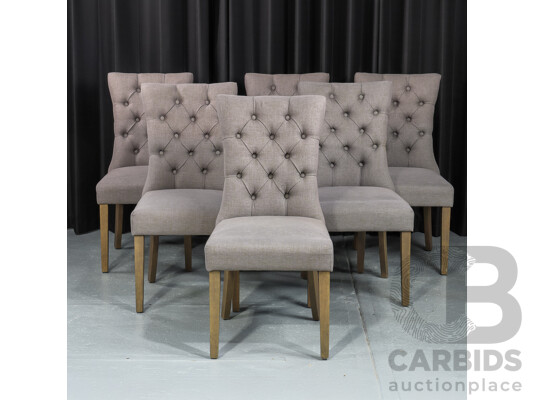 Set of Six High Back Dining Chairs with Buttoned Fabric Upholstery