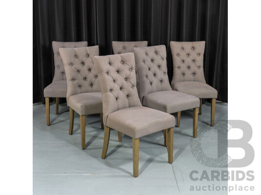 Set of Six High Back Dining Chairs with Buttoned Fabric Upholstery