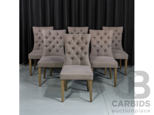 Set of Six High Back Dining Chairs with Buttoned Fabric Upholstery